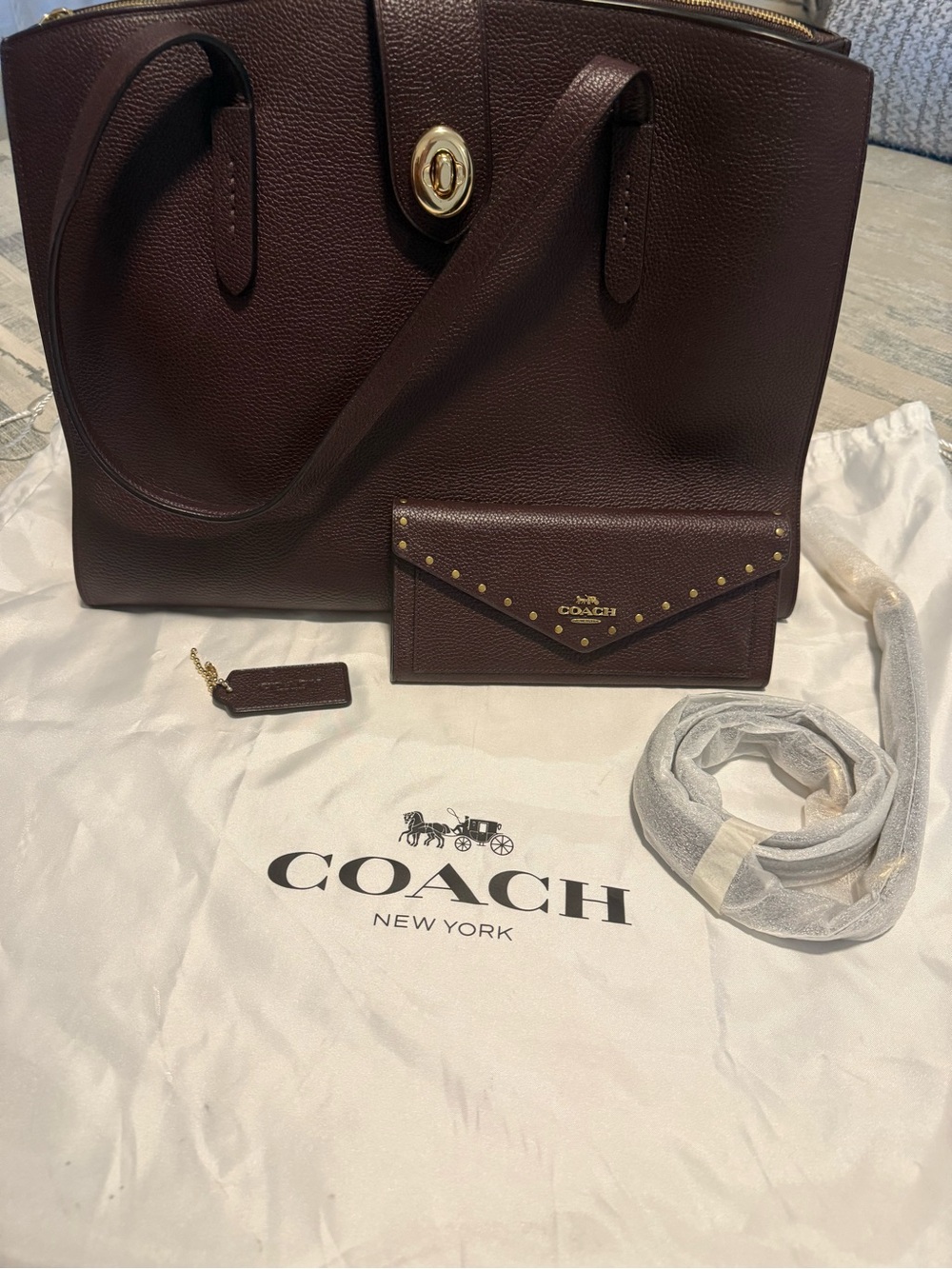 Coach Burgundy Pebbled Leather Tote with Envelope Card Holder